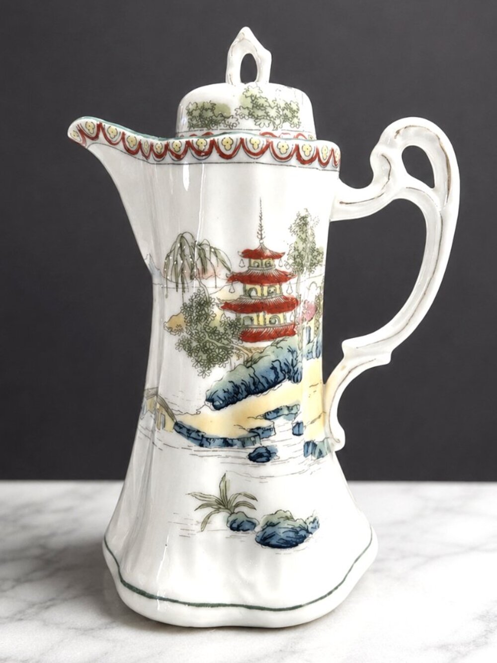 Antique Nippon Hand Painted Japanese Chocolate Pot Teapot 9in Scenic Landscapes